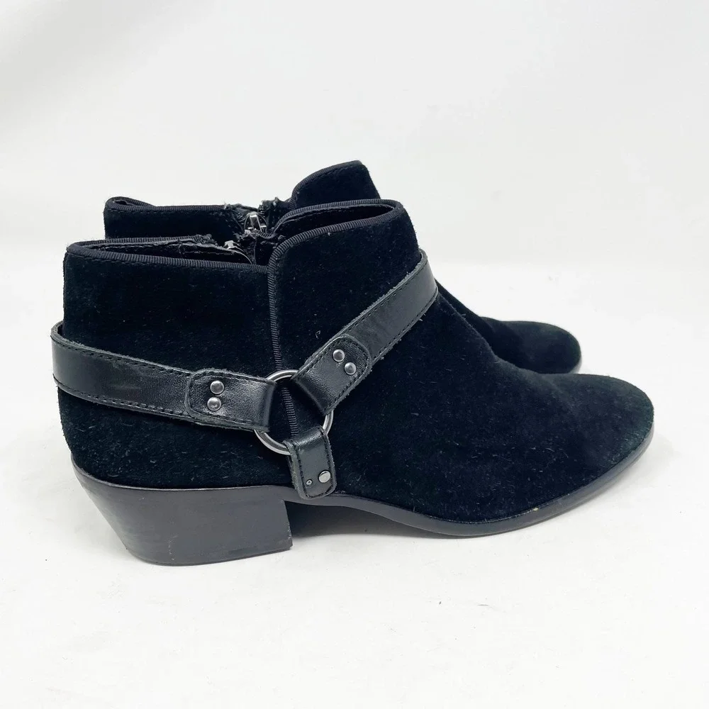 Sam Edelman Black Suede Harness Ankle Boots Size 8 Block Heel Zip Booties